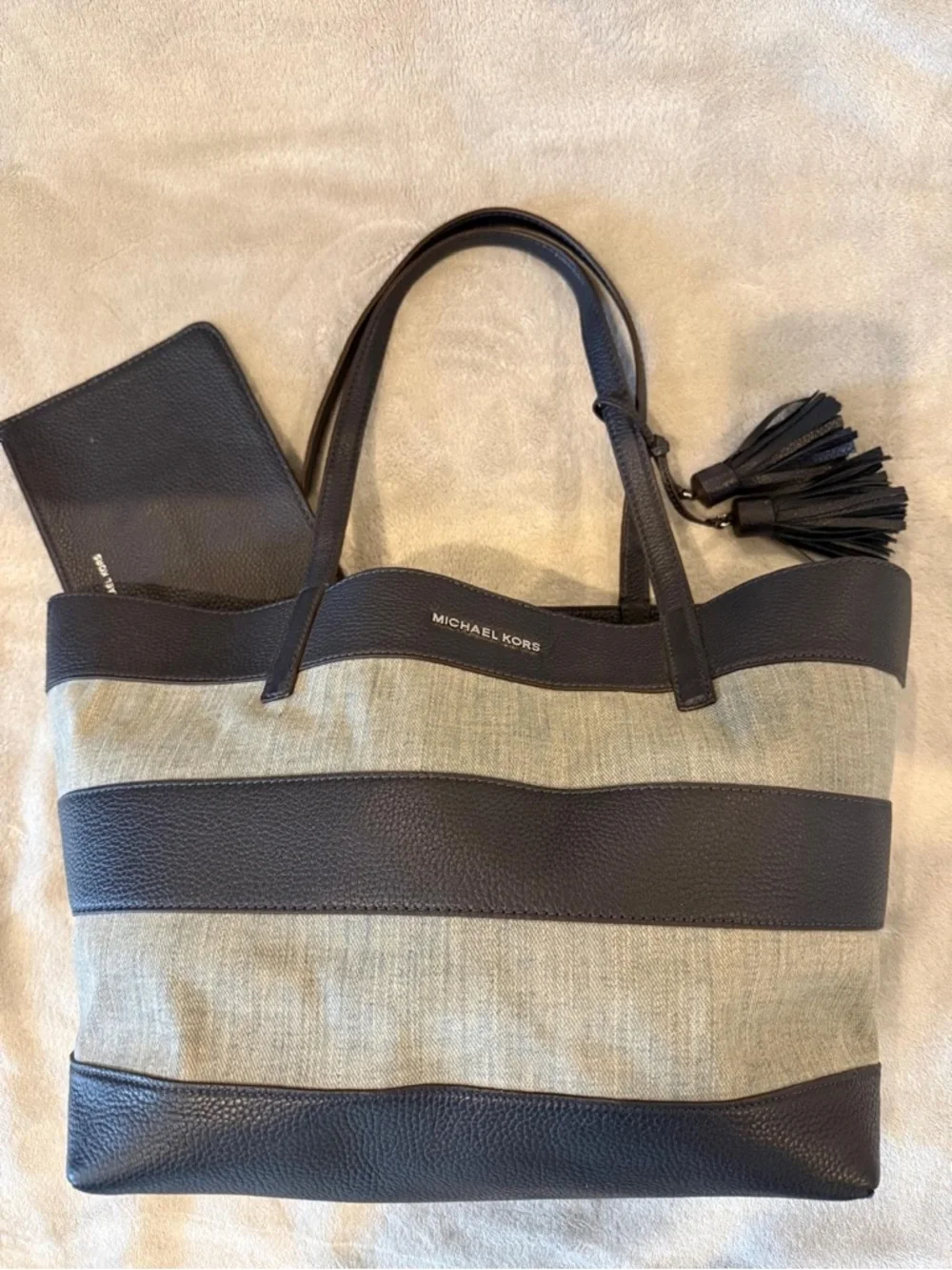 Michael Kors Navy  blue and light denim Striped Tote with Tassel Charm - Picture 6 of 6